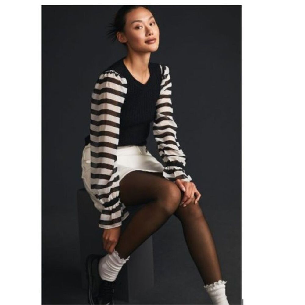 Maeve Women's Size S Black Contrast Sheer Sleeve Cable Knit Striped Sweater Goth